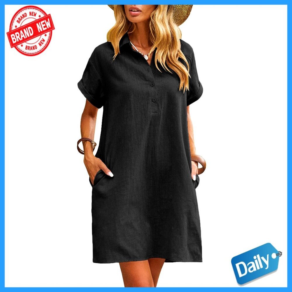 Cotton Shirt Dress Casual Short Sleeve Button Down Beach Cover Up with Pockets